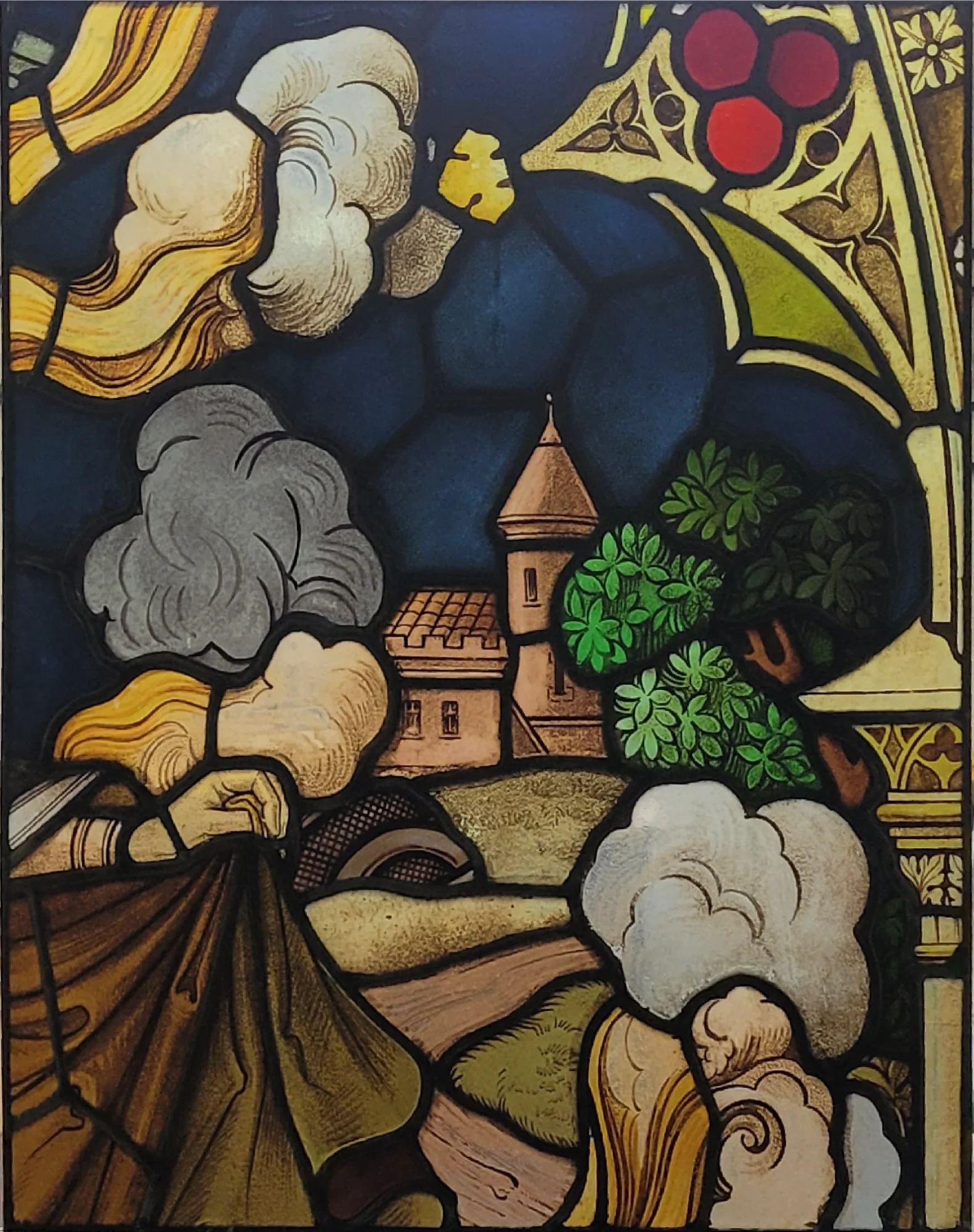 Kerkraam landschap met toren