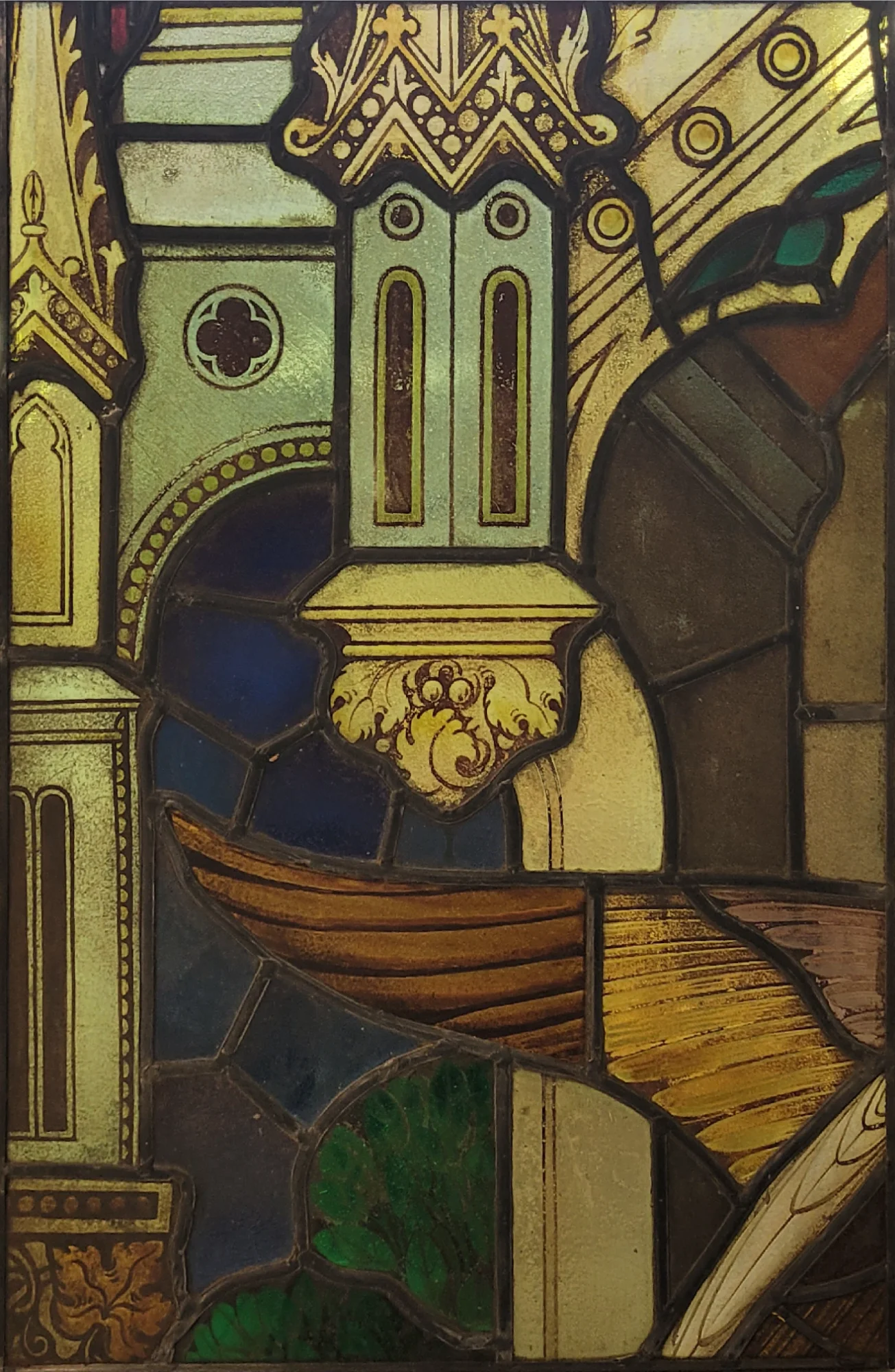 Kerkraam architectuur met boot